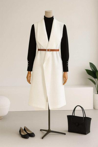 Büyük Yakalı Kemerli Uzun Buklet Yelek Ekru