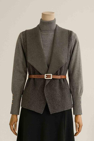 Büyük Yakalı Kemerli Kısa Buklet Yelek Füme