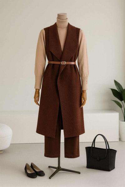 Büyük Yakalı Kemerli Uzun Buklet Yelek Kahve