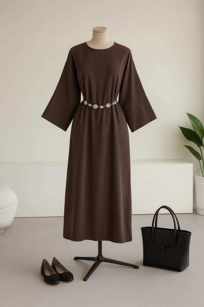 Zincir Kemerli Basıc Tencel Elbise Koyu Kahve