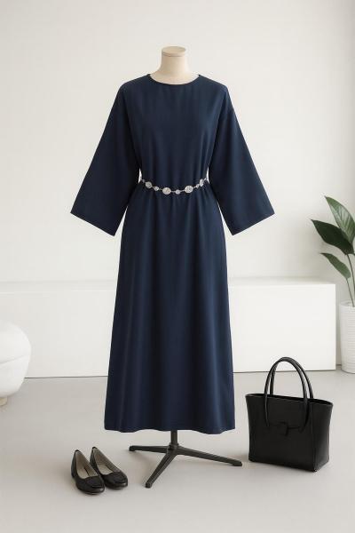 Zincir Kemerli Basıc Tencel Elbise Lacivert
