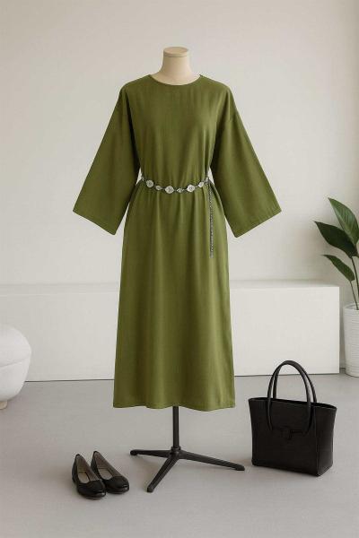 Zincir Kemerli Basıc Tencel Elbise Olive