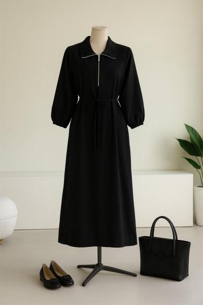 Yarım Fermuarlı Oversıze Gabardin Elbise Siyah