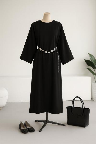 Zincir Kemerli Basıc Tencel Elbise Siyah