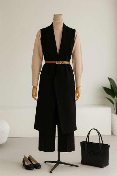 Büyük Yakalı Kemerli Uzun Buklet Yelek Siyah