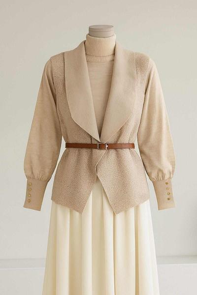 Büyük Yakalı Kemerli Kısa Buklet Yelek Taş