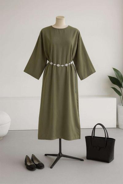 Zincir Kemerli Basıc Tencel Elbise Yağ Yeşili