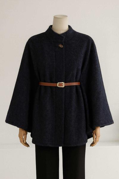 Deri Kemerli Oversıze Yünlü Kaşe Panço Lacivert
