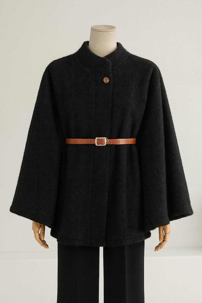 Deri Kemerli Oversıze Yünlü Kaşe Panço Siyah