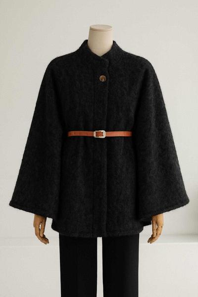 Deri Kemerli Oversıze Yünlü Kaşe Panço Siyah Melanj