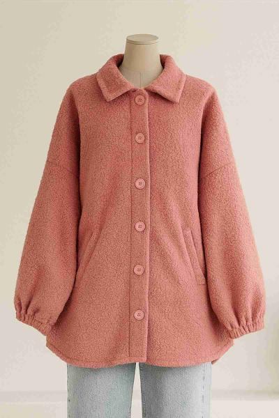 Kolucu Lastikli Çift Cepli Düğmeli Buklet Ceket Gül