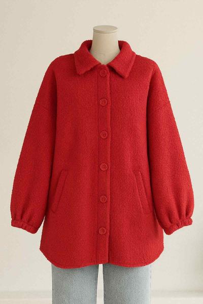 Kolucu Lastikli Çift Cepli Düğmeli Buklet Ceket Kırmızı