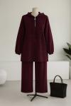 Üstü Taş Detaylı Kapşonlu Pantolonlu Aysho Takım Bordo