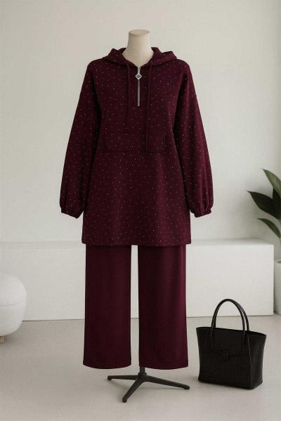 Üstü Taş Detaylı Kapşonlu Pantolonlu Aysho Takım Bordo