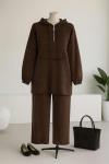 Üstü Taş Detaylı Kapşonlu Pantolonlu Aysho Takım Kahve