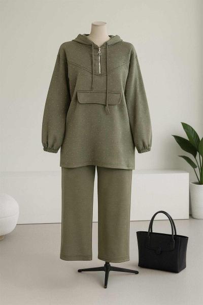 Üstü Taş Detaylı Kapşonlu Pantolonlu Aysho Takım Adaçayı