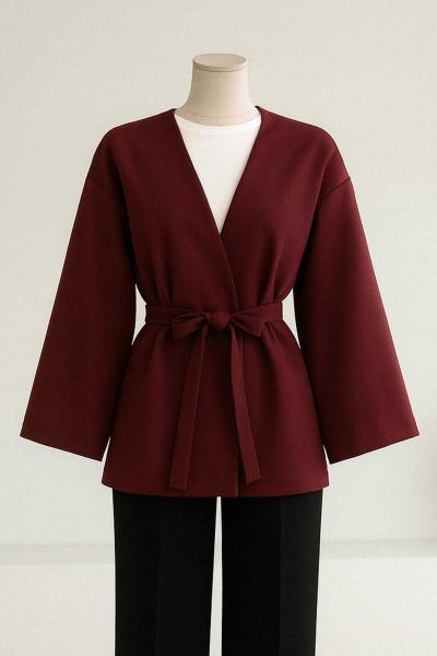 Kuşaklı Basıc Scuba Kimono Bordo