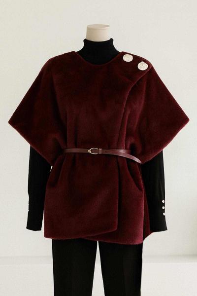 Çift Düğmeli Atkılı Kemerli Oversıze Kürk Kaban Bordo