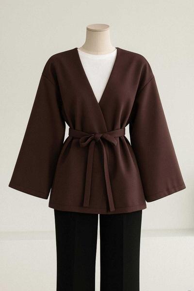 Kuşaklı Basıc Scuba Kimono Koyu Kahve