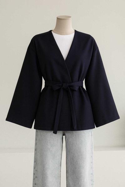 Kuşaklı Basıc Scuba Kimono Lacivert