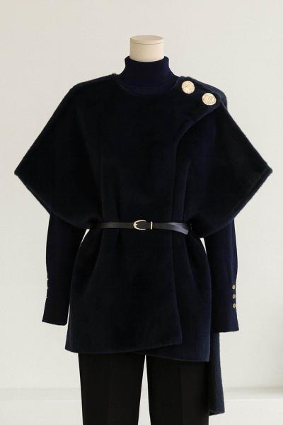 Çift Düğmeli Atkılı Kemerli Oversıze Kürk Kaban Lacivert