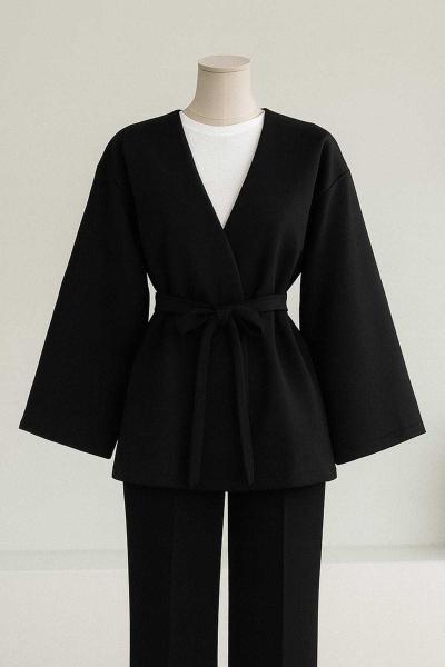 Kuşaklı Basıc Scuba Kimono Siyah