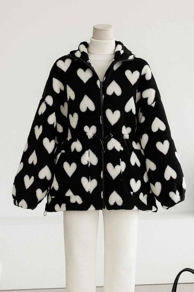 Çift Cepli Kalp Detaylı Oversıze Peluş Mont Siyah Ekru