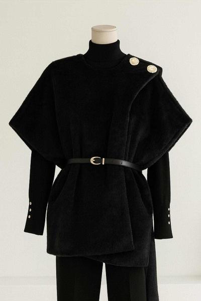 Çift Düğmeli Atkılı Kemerli Oversıze Kürk Kaban Siyah