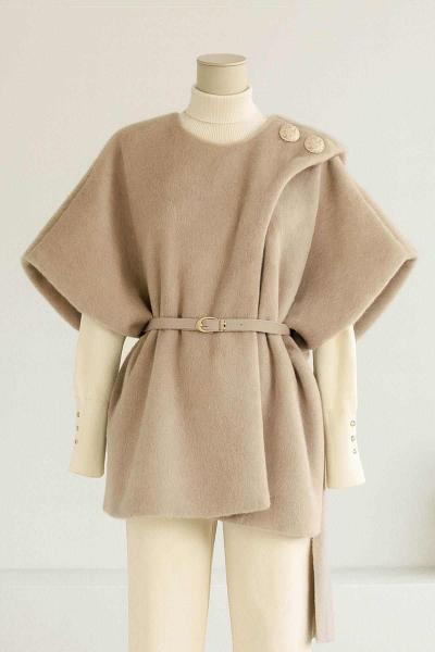 Çift Düğmeli Atkılı Kemerli Oversıze Kürk Kaban Taş