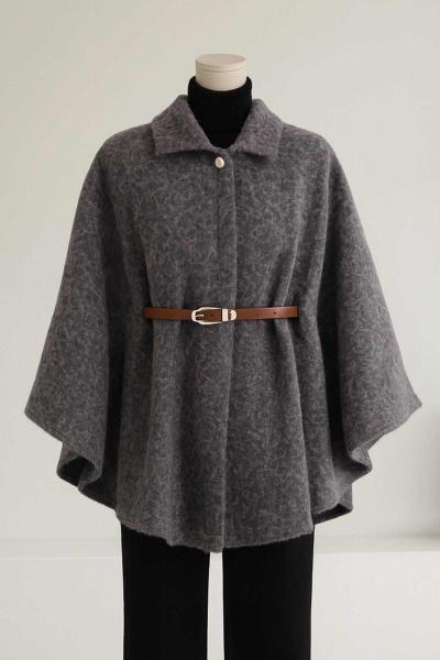 Yünlü Kaşe Kemerli Panço Antrasit