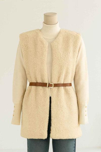 Deri Kemerli Peluş Yelek Bej
