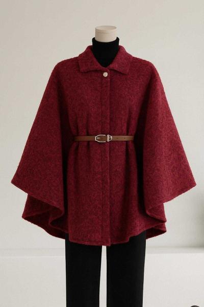 Yünlü Kaşe Kemerli Panço Bordo