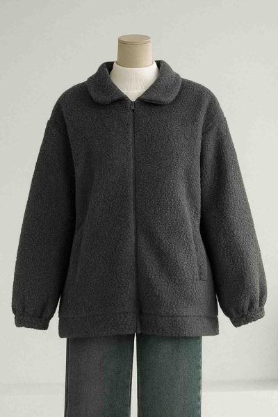 Fermuarlı Yan Cepli Bebe Yaka Buklet Ceket Füme