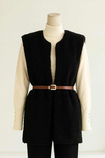 Deri Kemerli Peluş Yelek Siyah