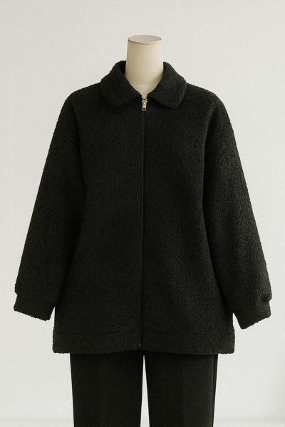 Fermuarlı Yan Cepli Bebe Yaka Buklet Ceket Siyah