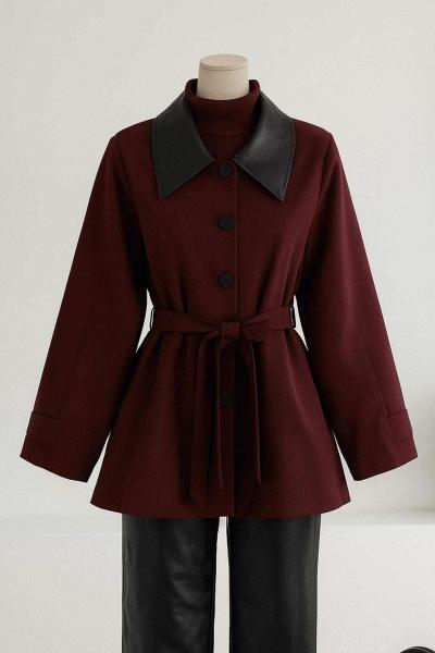 Yakası Deri Garnili Kuşaklı Trençkot Mürdüm