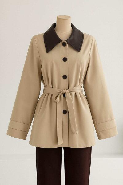 Yakası Deri Garnili Kuşaklı Trençkot Bej