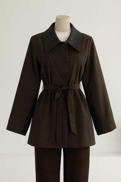 Yakası Deri Garnili Kuşaklı Trençkot Kahve