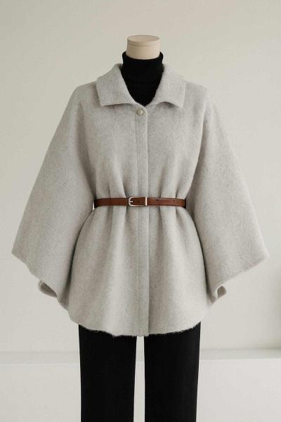 Yünlü Kaşe Kemerli Panço Açık Gri