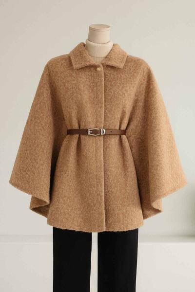 Yünlü Kaşe Kemerli Panço Camel