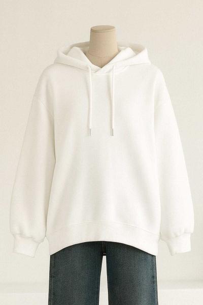 Kapşonlu Gizli Cep Salaş Üç İplik Sweat Ekru