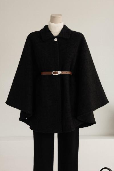 Yünlü Kaşe Kemerli Panço Siyah