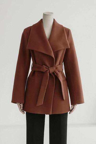 Mendil Yaka Kısa Kuşaklı Kaşe Kaban Kahve