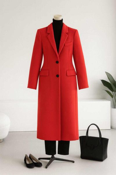 Üç Cep Detaylı Çift Düğmeli Kaşe Kaban Kırmızı