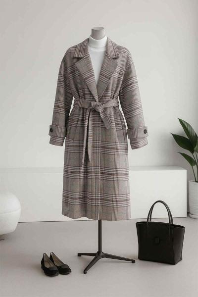 Kolları Bantlı Kuşaklı Ekose Kaşe Kaban Vizon