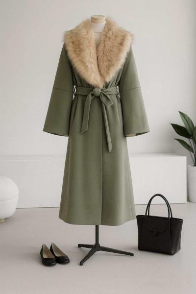 Şal Yaka Kürk Kaşe Kaban Yeşil