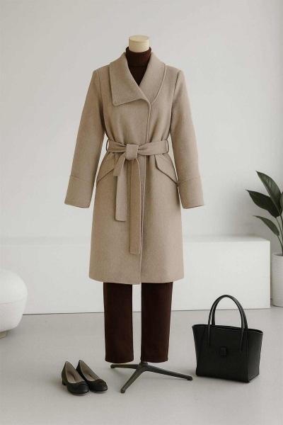 Kendinden Çizgili Çift Cepli Kolları Dikişli Kaşe Kaban Vizon