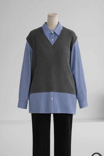 Süveterli Çizgili Garnili Gömlek Antrasit