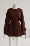 Sıfır Yaka Kuşaklı Bol Kollu Viskon Tunik Koyu Kahve