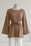 Sıfır Yaka Kuşaklı Bol Kollu Viskon Tunik Sütlü Kahve